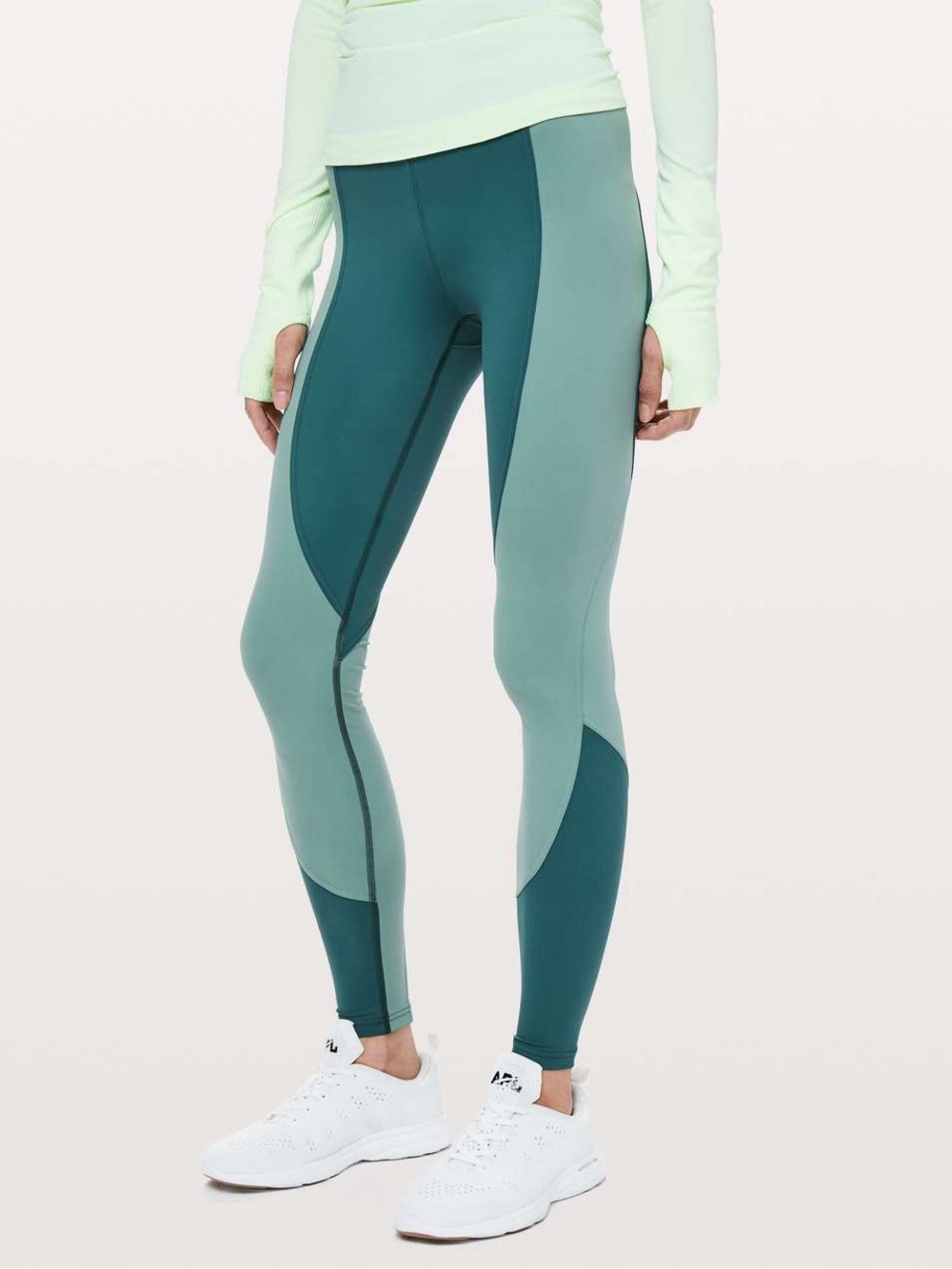 Lululemon Wake & Train Tight *28" Green Jasper/ Frosted Pine Colorblock Legging